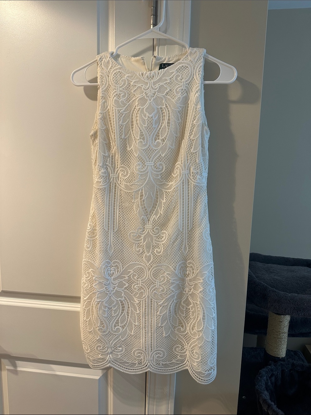 Ralph Lauren Ivory Lace-Overlay Mini Scalloped Dress